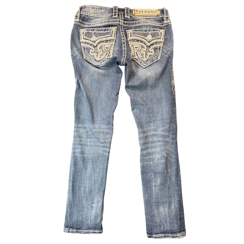 Rock Revival Crop Skinny Jeans Distressed Embellished Denim‎ Y2K Size 24